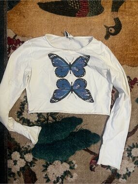 Princess Polly White Long-Sleeve Crop Top with Blue Butterfly Print
